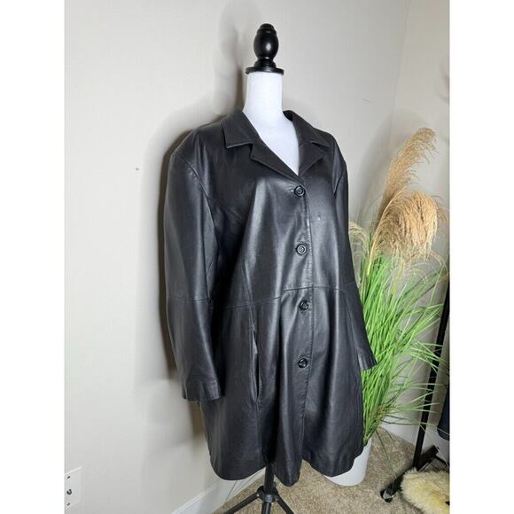 Avenue Y2K Vintage Leather Jacket Black Button Womens 26/28 Longline Collar FLAW - Picture 2 of 13